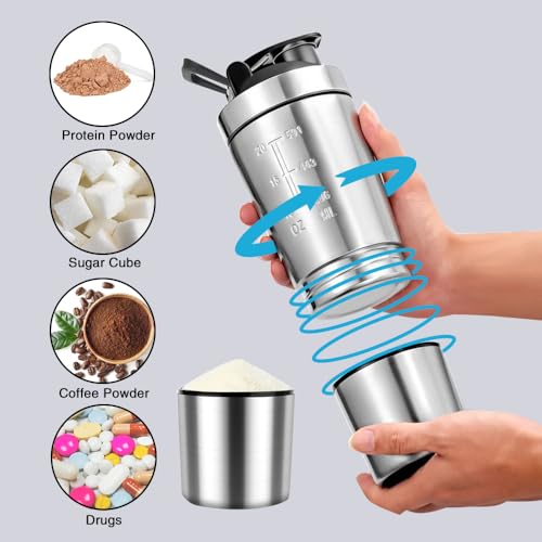 Golgner Coctelera de proteínas de acero inoxidable, para fitness, 600 ml, con taza de 200 ml, sin BPA con escala, doble pared, para proteínas, dieta y batido de fitness (plata)