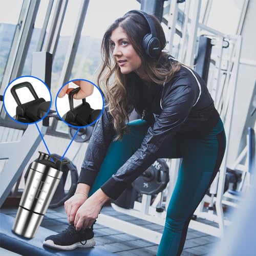 Golgner Coctelera de proteínas de acero inoxidable, para fitness, 600 ml, con taza de 200 ml, sin BPA con escala, doble pared, para proteínas, dieta y batido de fitness (plata)