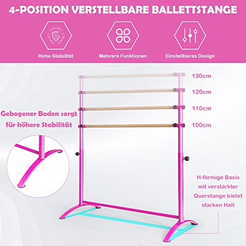 GOPLUS Barra de ballet independiente de madera maciza con marco de acero para casa y gimnasio, barra de baile antideslizante con 4 posiciones de altura ajustable para niños y adultos (rosa)