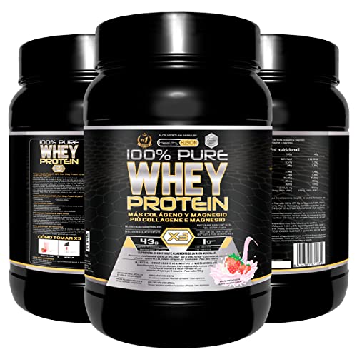Healthy Fusion Whey Protein | Proteína pura con Colágeno + Magnesio | Tonifica y aumenta la masa muscular | Mejora tus entrenamientos | 1000g (Fresa)