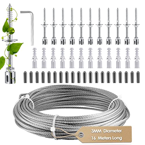 Hlieeosfcn Marco para Trepar Plantas Soporte Enrejado Plantas Trepadoras, Cuerda de Acero Inoxidable de 16 M, Kit de Fijación de Enrejado Alambre Jardín Hogar