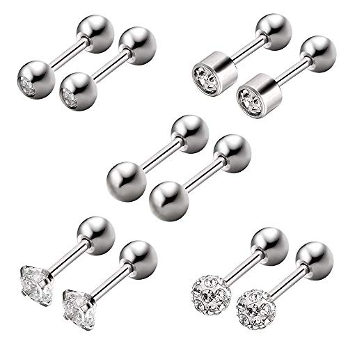 HO2NLE 5 Pares Pendientes Acero Inoxidable,16G Piercing Oreja para Mujer y Hombre Barra de 6mm con Bola Zirconia Cúbica Labret Stud Pendientes Oreja Plata para Tragus Cartilago