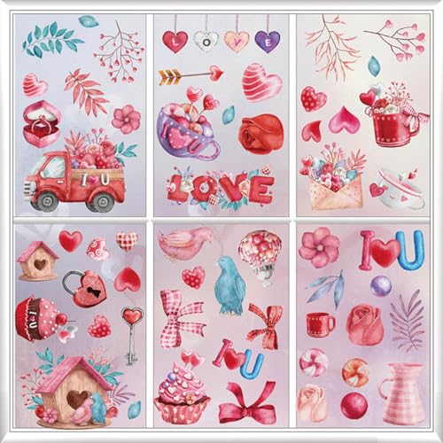 Hojas de Pegatinas para Ventana del día San Valentín 9PCS Hojas Calcomanías Estáticas para Ventanas Calcomanías Extraíbles para Ventana Corazón, Pegatinas Corazón Autoadhesivas para Hogar, Oficina, Fi
