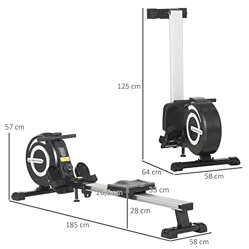 HOMCOM Máquina de Remo Plegable con 8 Niveles de Resistencia Magnética Volante de 4kg Monitor LCD Silencioso Carga 120kg para Fitness Entrenamiento en Casa Acero Aluminio 185x58x57 cm Negro y Plata