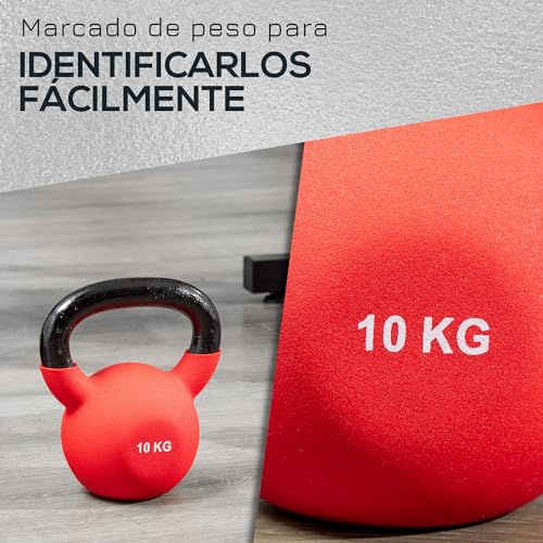 HOMCOM Pesa Rusa de 10 kg de Hierro Fundido Kettlebell con Revestimiento de Neopreno y Mango Ancho Mancuernas de Bola para Entrenamiento de Fuerza en Gimnasio Casa 19x12x22 cm Rojo