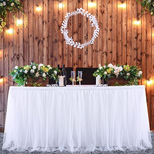 Htper Falda de Mesa Blanca, Gasa de Escritorio romántica de Tul, decoración de Mesa para Baby Shower, Boda, cumpleaños, día de San Valentín Navidad, L275×H76cm