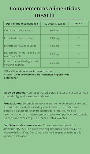 IDEALFIT de Idealica 100% Natural gotas para bajar de peso | Control de peso y supresión del apetito | L-carnitina | Bayas de goji | 20ml