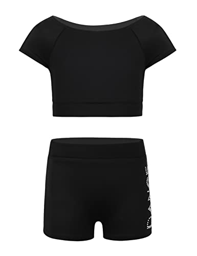 IEFIEL Conjunto de Danza Deportiva para Niñas Crop Top y Leggings Cortos Mallas Elásticas Maillot de Gimnasia Rítmica Ropa de Deporte Fitness Yoga 3-16 Años A Negro 10-12 años