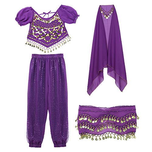 inhzoy Vestido Danza del Vientre para Mujer Disfraz de Princesa Árabe Traje de Baile India Lentejuelas Conjunto de Danza Oriental 4Pcs para Fiesta Actuación Morado Talla única