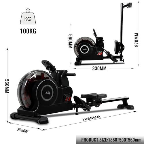 ISE Remo de Agua de Fitness Plegable,Remo Interior Plegable Para, Bomba de Agua Eléctrica, 6 Niveles Resistencia, Pantalla LCD, APP+| Tiro Central y Asiento Ajustable, Máquina de Remo de Agua, SY-2027