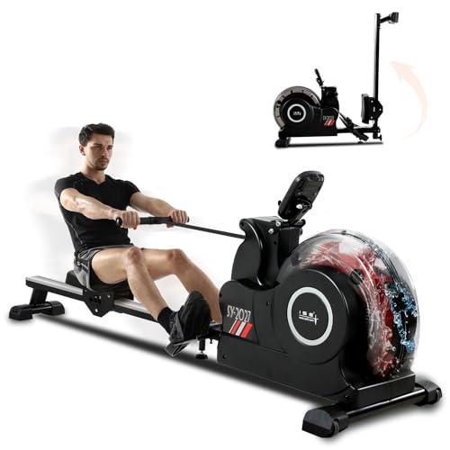 ISE Remo de Agua de Fitness Plegable,Remo Interior Plegable Para, Bomba de Agua Eléctrica, 6 Niveles Resistencia, Pantalla LCD, APP+| Tiro Central y Asiento Ajustable, Máquina de Remo de Agua, SY-2027