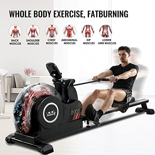 ISE Remo de Agua de Fitness Plegable,Remo Interior Plegable Para, Bomba de Agua Eléctrica, 6 Niveles Resistencia, Pantalla LCD, APP+| Tiro Central y Asiento Ajustable, Máquina de Remo de Agua, SY-2027