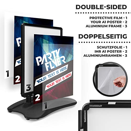 Jago® Panel Publicitario A1 - con Ruedas, Marco de Aluminio, Impermeable, Doble Cara, Negro - Soporte para Cartel Publicitario, Caballete Expositor, Tablero para Publicidad