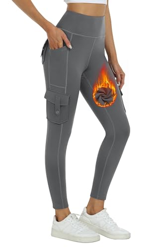 JINSHI Leggings Deportivos Mujer Pantalones Yoga Jogger Cargo Leggins Cintura Alta Invierno Forro Polar Gimnasio Fitness Correr Senderismo Pantalones Multibolsillos Gris Oscuro Talla L