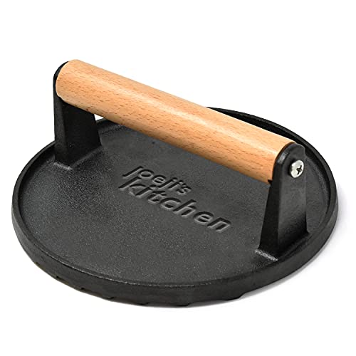 Joejis Prensa Hamburguesas de Hierro Fundido Antiadherente, Molde Hamburguesa de alta resistencia con mango de madera Cool Touch, para Hacer Marcas perfectas y Platos Más Saludables