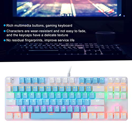 K100 Teclado de computadora con Cable de 87 Teclas, Teclado mecánico de Oficina para Juegos con Teclas de luz Mixtas, Efecto de Resistencia ergonómica, Interruptor Azul mecánico(Azul Blanco)