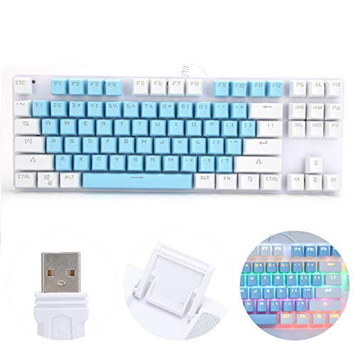 K100 Teclado de computadora con Cable de 87 Teclas, Teclado mecánico de Oficina para Juegos con Teclas de luz Mixtas, Efecto de Resistencia ergonómica, Interruptor Azul mecánico(Azul Blanco)