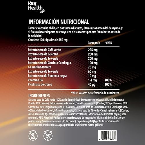 Key Health Life | Quemagrasas Potente | Termogénico para Adelgazar con L-Carnitina, Guaraná, Cafeína, Té Verde y Vitamina B6 | 120 cápsulas | Fat Burner | Pre Entrenamiento