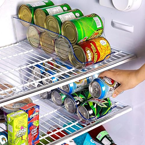 KICHLY Organizador Nevera latas (Pack de 4) - Apilable y Ahorra Espacio - Dispensador de Latas de Refresco para Despensa, Nevera, Congelador & Lavadero (Claro)