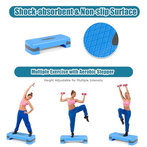 KOMFOTTEU Stepper de Fitness en Casa, Paso de Ejercicio Cardio con Altura Ajustable, Plataforma Aeróbic con Carga de hasta 250 kg, Tabla de Fitness para Gimnasio, 68 x 28 x 15 cm (Azul y gris)