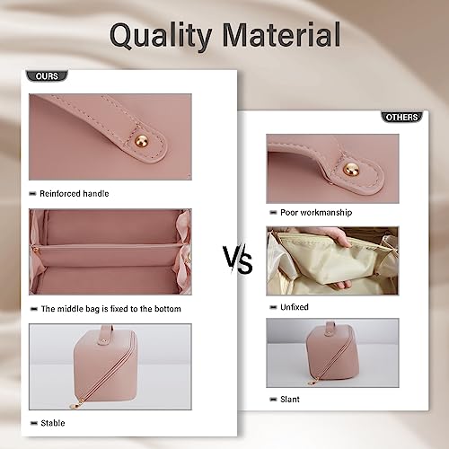 Lannvan Neceser Mujer, Gran Capacidad Neceser PU Impermeable, con Compartimento y Soporte de Cepillo de Maquillaje de Viaje de Silicona Makeup Bag (Rosa)