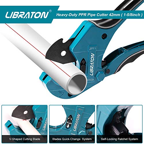 Libraton Cortador de PVC Cortador de Tubos Tipo Trinquete Cortador de tubos de plástico PPR/PE/PVC, 42 mm (1 – 2/3) para Herramientas de Electricista y Carpintería