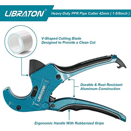 Libraton Cortador de PVC Cortador de Tubos Tipo Trinquete Cortador de tubos de plástico PPR/PE/PVC, 42 mm (1 – 2/3) para Herramientas de Electricista y Carpintería
