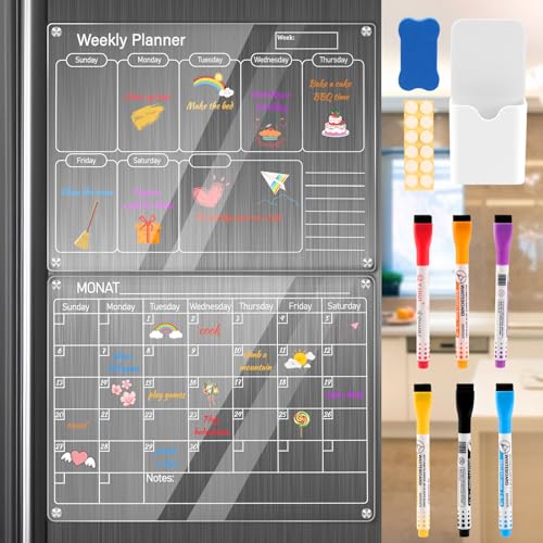 Litimkat 2Calendario Magnético Refrigerador, Planificador Mensual Transparente, 40cm x 30cm, 6 Rotuladores de Colores, 1Goma, 1Portalápices, 12Nano Adhesivos, Calendario Magnético Acrílico (Inglés)