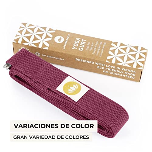 Lotuscrafts Cinturón de Yoga 100% algodón (orgánico) - para un Mejor Estiramiento - para Principiantes y avanzados - cinturón de Yoga con Hebilla de Metal [250 x 3,8 cm].