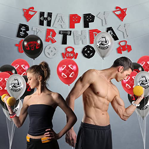 LSJDEER Decoraciones de Fiesta de cumpleaños de Gimnasio -Glitter Negro Rojo Plata Fitness Decoraciones Gimnasio Feliz cumpleaños Banner Levantamiento de Pesas Pulsera Suministros para Fiestas