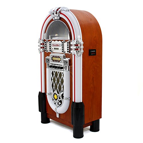 Máquina de Discos Retro Tocadiscos Años 1950 Jukebox Estilo Vintage Pantalla LCD Luces CD, USB, Memory Card SD/MMC, Radio AM FM, MP3, Bluetooth, AUX, Entretenimiento para Bares Pubs con Mando GRATIS