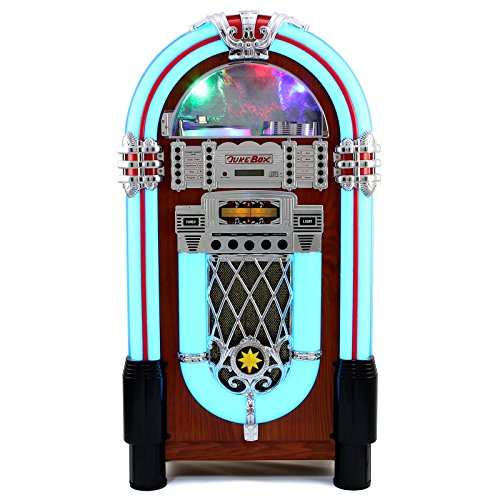 Máquina de Discos Retro Tocadiscos Años 1950 Jukebox Estilo Vintage Pantalla LCD Luces CD, USB, Memory Card SD/MMC, Radio AM FM, MP3, Bluetooth, AUX, Entretenimiento para Bares Pubs con Mando GRATIS