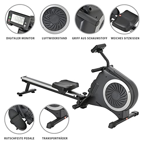Merax Máquina de Remo de Aire + magnético para Uso doméstico, máquina de Remo Plegable con 8 Niveles de Resistencia del Ventilador Ajustable, Barra Deslizante de aleación de Aluminio, LCD