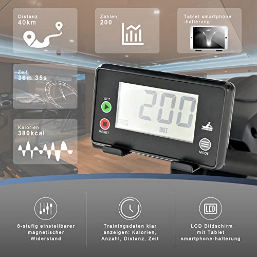 Merax Máquina de Remo de Aire + magnético para Uso doméstico, máquina de Remo Plegable con 8 Niveles de Resistencia del Ventilador Ajustable, Barra Deslizante de aleación de Aluminio, LCD