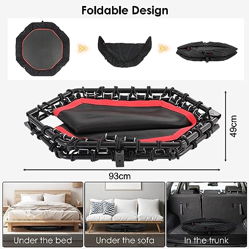 Mini Trampolín De Fitness, Ø 128cm Trampolín Octogonal Plegable Cama Elástica con Mango Ajustable de 5 Niveles, Trampolin para Interior y Exterior, Peso Maximo 150 kg para Niños y Adultos