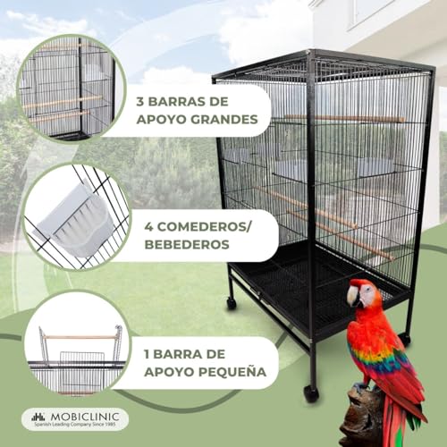 Mobiclinic® Pets, Jaula de pájaros, NINFA, Ruedas de Transporte, Frenos, Apertura Superior, Bandeja extraíble, 8 Puertas, Tamaño Grande, 95x43x61.5 cm, Comederos, Bebederos, Perchas de Descanso