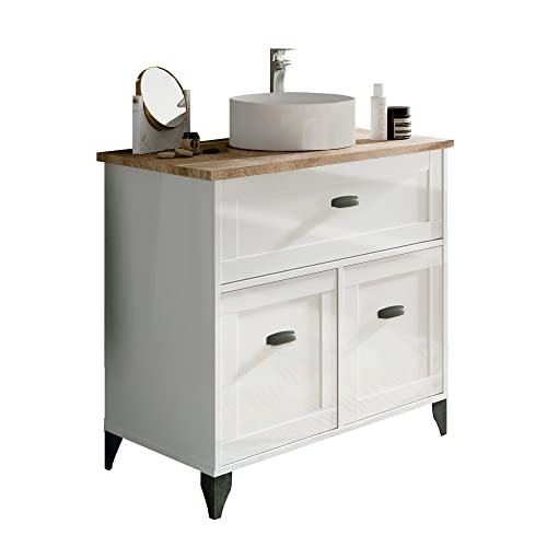 MUEBLES PITARCH Toscana Mueble de Baño, Aglomerado de partículas y melamina de Alta Densidad, Blanco Alto Brillo/Roble Cambrian, 92x82x47 cm