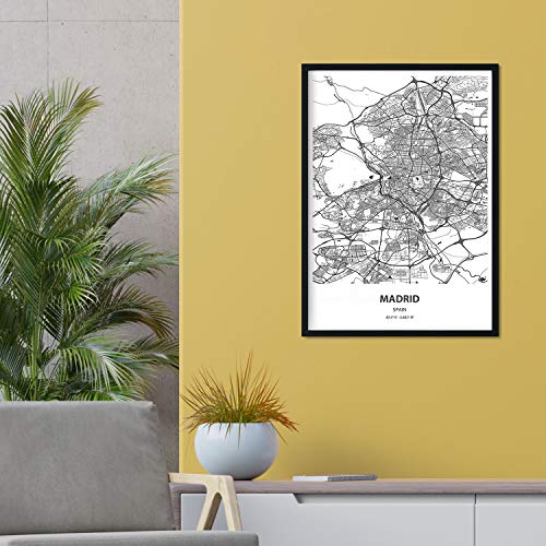 Nacnic Poster con mapa de Madrid - España. Láminas de ciudades de España con mares y ríos en color negro. Tamaño A4