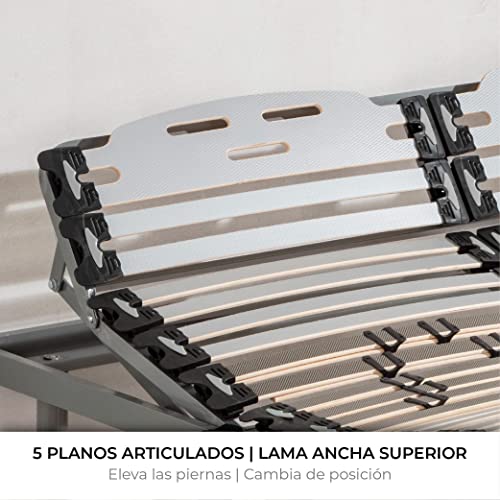 NALUI - Somier Eléctrico para Cama 135 x 190 cm con Patas ProCare, 11 Láminas Madera de Haya de 10 cm y Estructura de Acero. Con Mando y Cursores para Regular la Firmeza
