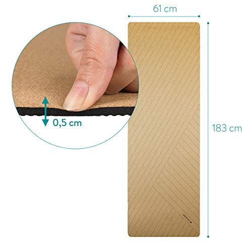 Navaris Esterilla de Yoga de Corcho Antideslizante - Alfombra para Entrenamiento de Gimnasia - Colchoneta de 183 x 61 x 0.5CM con Correa de Transporte