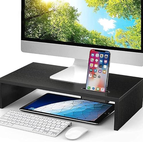 NK Soporte Monitor y Portátil - Elevador de Ordenador Pantallas hasta 30KG, HUB Organizador de Cables Lateral, Soporte Vertical SmartPhone - Alto 104mm x Largo 420mm x Ancho 235mm (Color negro)