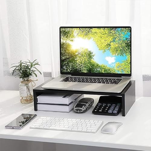NK Soporte Monitor y Portátil - Elevador de Ordenador Pantallas hasta 30KG, HUB Organizador de Cables Lateral, Soporte Vertical SmartPhone - Alto 104mm x Largo 420mm x Ancho 235mm (Color negro)