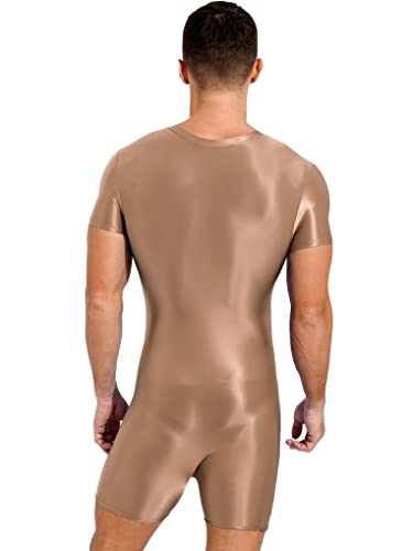Nyeemya Brillante Mono de Una Pieza Hombres Body Corta Mangas Deportivos Fitness Maillot Gimnasia Ritmica Leotardo Camiseta Verano Bodysuit Ropa Interior Pijama Café M