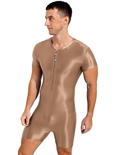Nyeemya Brillante Mono de Una Pieza Hombres Body Corta Mangas Deportivos Fitness Maillot Gimnasia Ritmica Leotardo Camiseta Verano Bodysuit Ropa Interior Pijama Café M
