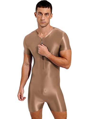 Nyeemya Brillante Mono de Una Pieza Hombres Body Corta Mangas Deportivos Fitness Maillot Gimnasia Ritmica Leotardo Camiseta Verano Bodysuit Ropa Interior Pijama Café M