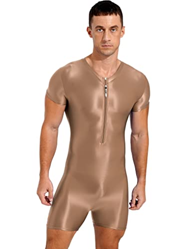 Nyeemya Brillante Mono de Una Pieza Hombres Body Corta Mangas Deportivos Fitness Maillot Gimnasia Ritmica Leotardo Camiseta Verano Bodysuit Ropa Interior Pijama Café M