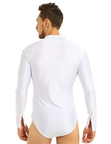 Nyeemya Maillot de Danza Ballet para Hombre Manga Larga Camisa de Baile Latino Cuello V Clásico Body Leotardo ​de Danza Tango Samba Salsa Elástico C Blanco L