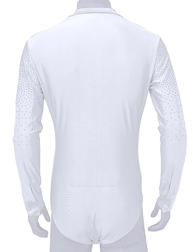 Nyeemya Maillot de Danza Ballet para Hombre Manga Larga Camisa de Baile Latino Cuello V Clásico Body Leotardo ​de Danza Tango Samba Salsa Elástico C Blanco L