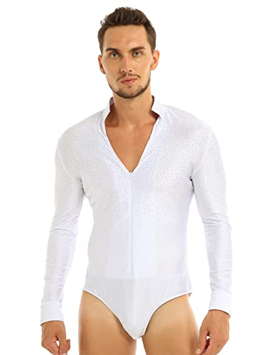 Nyeemya Maillot de Danza Ballet para Hombre Manga Larga Camisa de Baile Latino Cuello V Clásico Body Leotardo ​de Danza Tango Samba Salsa Elástico C Blanco L