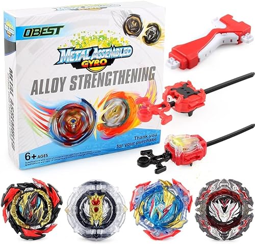 OBEST Bley Peonzas de Batalla con Lanzador Niños Juguetes Regalos, B-195, B-193, B-192, B-191, 4Pcs Metal Fusion de Combate Estallido Turbo Burst Gyro Spinners y 2 Launchers Blade Set